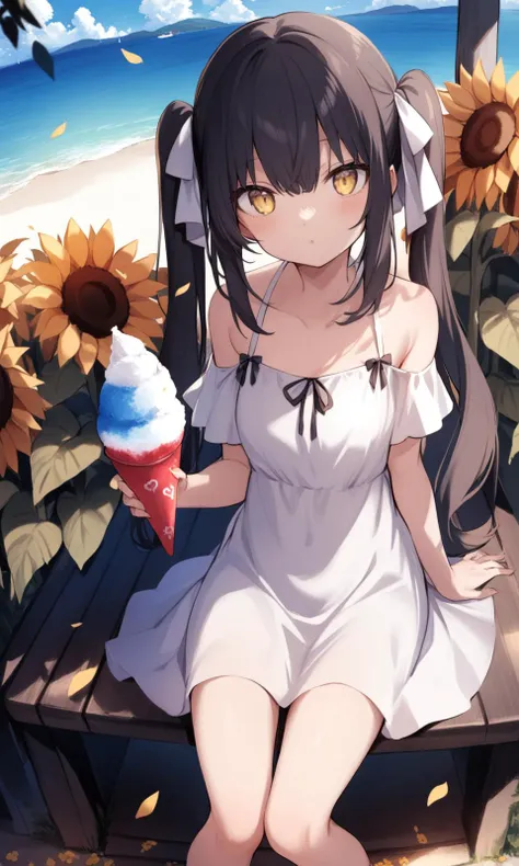 1girl, solo, long hair, looking at viewer, black hair, dress, holding, ribbon, sitting, twintails, yellow eyes, flower, outdoors, food, day, white dress, petals, ocean, ice cream, sunflower, shaved ice