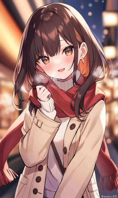 1girl, safe, solo, looking at viewer, blush, smile, open mouth, long sleeves, brown hair, jewelry, upper body, earrings, twitter username, blurry, scarf, coat, sweater, blurry background, turtleneck, colored inner hair, breath, red scarf, turtleneck sweater, white sweater