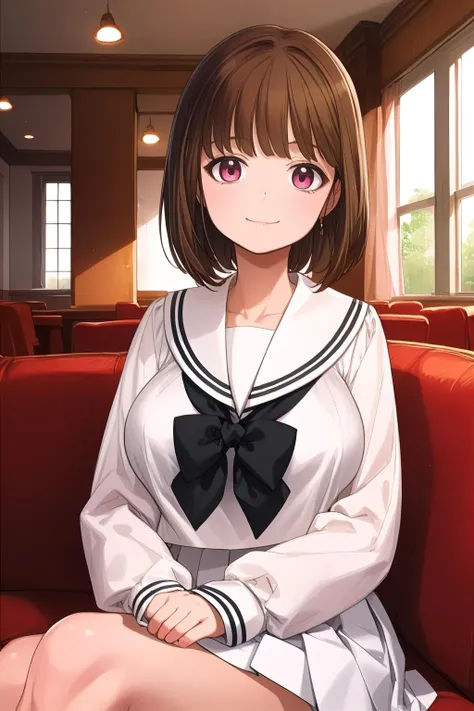 masterpiece, best quality, absurdres, <lora:GoodHands-vanilla:1>, <lora:add_detail:0.4>, <lora:lit:0.1>, <lora:outline:0.1>, detailed, lineart,
<lora:oouchi_yuka_v1:0.85>, oouchi_yuka, 1girl, medium breasts, pale pink eyes, eyebrows visible through hair, BREAK, brown hair, short hair, bangs, BREAK, school uniform, sailor collar, white serafuku, white shirt, long sleeves, white skirt, pleated skirt, bow
natural lighting, soft lighting, backlighting, intricate shadow, hdr, volumetic lighting, highly detailed background, messy background,
(dawn:1.2), indoors, cafe, crossed legs, sitting on single chair,
looking at viewer, light smile
