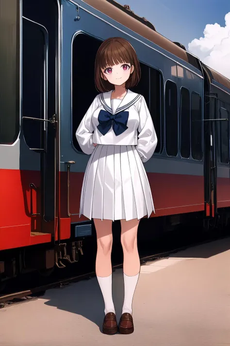masterpiece, best quality, absurdres, <lora:GoodHands-vanilla:1>, <lora:add_detail:0.4>, <lora:lit:0.1>, <lora:outline:0.1>, detailed, lineart,
<lora:oouchi_yuka_v1:0.85>, oouchi_yuka, 1girl, medium breasts, pale pink eyes, eyebrows visible through hair, BREAK, brown hair, short hair, bangs, BREAK, school uniform, sailor collar, white serafuku, white shirt, long sleeves, white skirt, pleated skirt, bow
natural lighting, soft lighting, backlighting, intricate shadow, hdr, volumetic lighting, highly detailed background, messy background,
(afternoon:1.2), outdoors, train station platform, standing, full body, telephoto,
looking at viewer, light smile