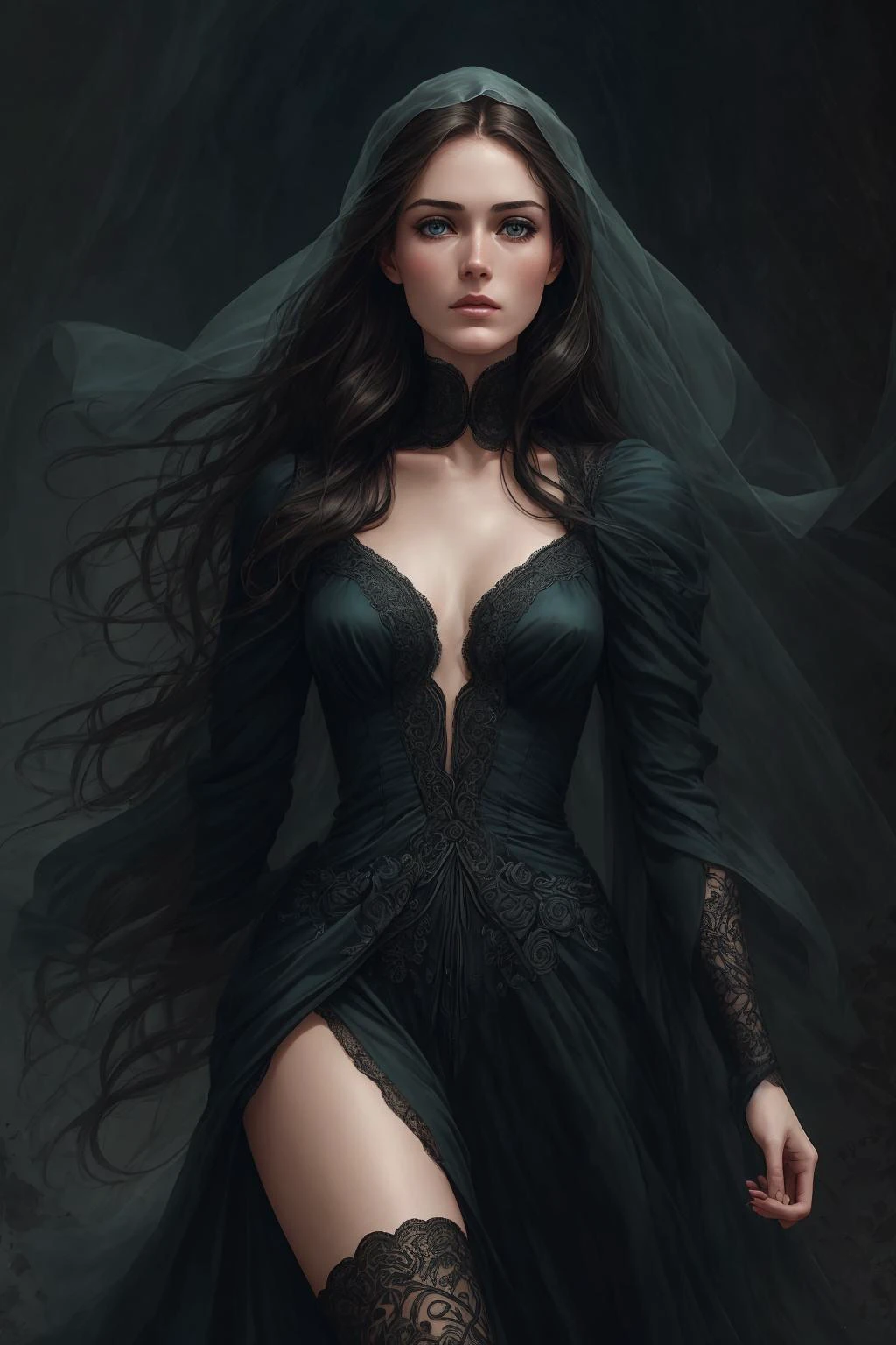 Create an [Comic book Luis Royo art style] with [detailed linework], [dynamic shading], and [rich colors]. The character have [full body], [expressive facial features] and [fluid body movements], with close attention paid to [costume design] and [background details]. The art style should capture the [dark atmosphere] of the image. Create an [ultra-realistic], [high-resolution] image of [weeping] [young woman] named [emb-sanna-marin-v10-d4p] a beautiful [Widow]. She has [heart-shaped] face. Her face is [delicately proportioned], with a [small nose] and [high cheekbones]. Her lips are full.  Her [neck-length], [black wavy and curly hair] cascading [loosely] to the length of her shoulders. Her [green eyes] with [black eyeliner] and [smokey eye shadow] with long, full eyelashes that add to her feminine charm.  She wears a [lace widow veil] and [long black dress] (fabric with intricate pattern:1.2), that accentuates her [slim petite body], paired with [knee high boots] that provide both style and function. Her left hand holds a [black rose]. The image should showcase [visible skin pores] that add to the realism. Her [imperfect, uneven, and irregular skin] should be depicted with [specular reflection], [subsurface scattering], and [diffuse reflection], capturing the [fair skin tone] The image should be captured in [natural light], with [soft shadows] that highlight her. The colors should be [RAW] and [vibrant], showcasing the [tragic] elements of the character, while remaining grounded in a sense of [realism]. Aim for a [photorealistic] portrayal that captures the [essence] of her character, from her [tragic demeanor] to her [captivating beauty]. The image should have [intricate details], capturing every nuance of her form. The overall mood of the image should be [victorian], [ghotic] with a sense of [melancholy] and [loneliness]