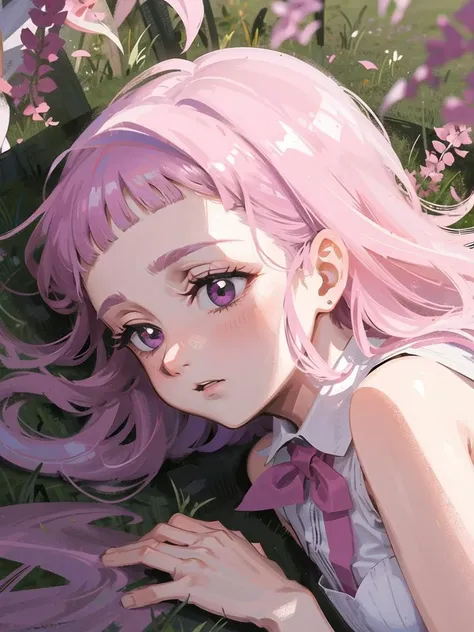 masterpiece, best quality, detailed face, detailed pupils, detailed eyes, detailed, 1 girl, small breasts, lens flare, bloom, <lora:DiscoElysiumStyle_v1:0.4>, <lora:artkoikoi_Melascula_7DS:0.6>, melascula, white leotard, dark aura, blunt bangs, empty eyes, pink hair, purple hair, long hair, wisteria, river, laying down, flower field