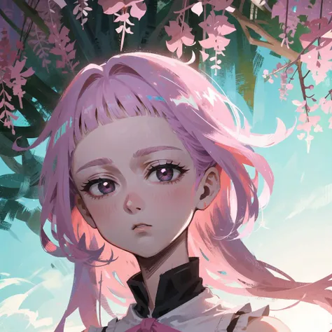 masterpiece, best quality, detailed face, detailed pupils, detailed eyes, detailed, 1 girl, small breasts, lens flare, bloom, <lora:DiscoElysiumStyle_v1:0.4>,  <lora:artkoikoi_Melascula_7DS:0.6>, melascula, leotard, dark aura, blunt bangs, empty eyes, pink hair, purple hair, long hair, wisteria, river