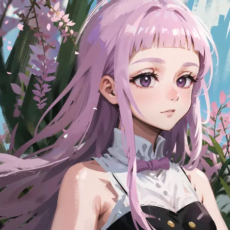 masterpiece, best quality, detailed face, detailed pupils, detailed eyes, detailed, 1 girl, small breasts, lens flare, bloom, <lora:DiscoElysiumStyle_v1:0.4>, <lora:artkoikoi_Melascula_7DS:0.6>, melascula, leotard, dark aura, blunt bangs, empty eyes, pink hair, purple hair, long hair, wisteria, river