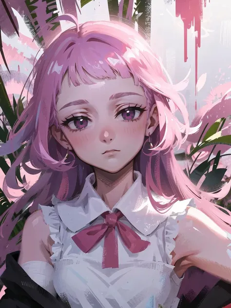 masterpiece, best quality, detailed face, detailed pupils, detailed eyes, detailed, 1 girl, small breasts, lens flare, bloom, <lora:DiscoElysiumStyle_v1:0.4>,  <lora:artkoikoi_Melascula_7DS:0.6>, melascula, white leotard, dark aura, blunt bangs, empty eyes, pink hair, purple hair, long hair, wisteria, river,  flower field, upper body, blood, hypnotized eyes, hypno, bloody face, nose bleed
