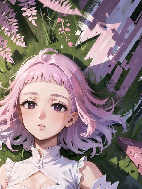 masterpiece, best quality, detailed face, detailed pupils, detailed eyes, detailed, 1 girl, small breasts, lens flare, bloom, <lora:DiscoElysiumStyle_v1:0.4>, <lora:artkoikoi_Melascula_7DS:0.6>, melascula, leotard, dark aura, blunt bangs, empty eyes, pink hair, purple hair, long hair, wisteria, river, laying down, flower field