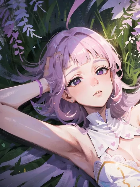 masterpiece, best quality, detailed face, detailed pupils, detailed eyes, detailed, 1 girl, small breasts, lens flare, bloom, <lora:DiscoElysiumStyle_v1:0.4>, <lora:artkoikoi_Melascula_7DS:0.6>, melascula, white leotard, dark aura, blunt bangs, empty eyes, pink hair, purple hair, long hair, wisteria, river, laying down, flower field