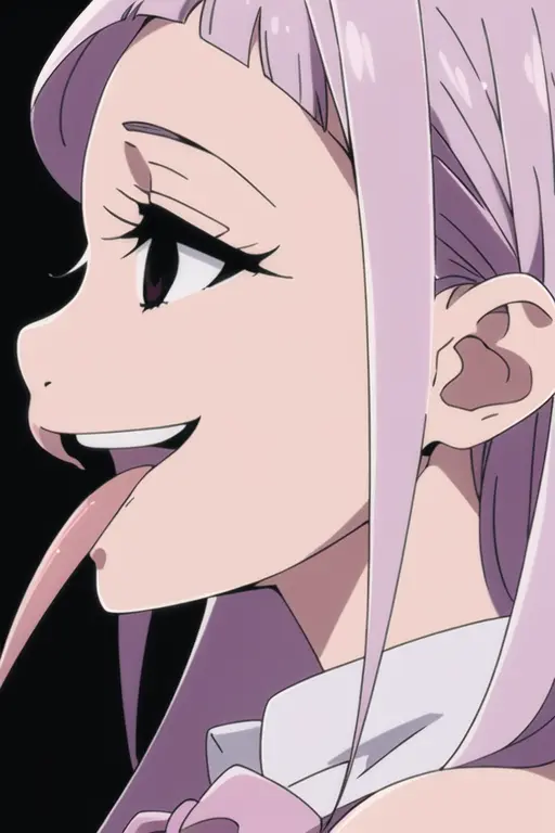 ((masterpiece)), ((best quality)), <lora:artkoikoi_Melascula_7DS:1>, melascula, empty eyes, 1girl, solo, long_hair, smile, open_mouth, bangs, bow, :d, tongue out, teeth, blunt_bangs, black_eyes, from_side, profile, black_background, portrait, purple_background