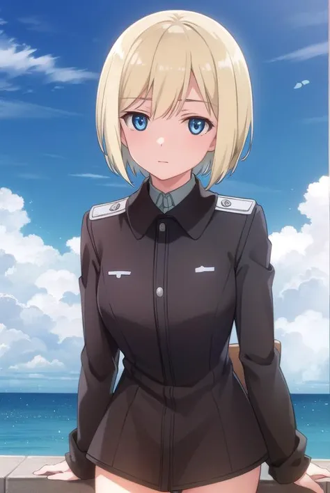 ericahartmann, <lora:erica hartmann anime-lora-nochekaiser:1>,
erica hartmann, short hair, blue eyes, blonde hair, bob cut,
BREAK uniform, military, military uniform,
BREAK outdoors, ship, ocean, sun, sky, clouds,
BREAK looking at viewer, (cowboy shot:1.5),
BREAK <lyco:GoodHands-beta2:1>, (masterpiece:1.2), best quality, high resolution, unity 8k wallpaper, (illustration:0.8), (beautiful detailed eyes:1.6), extremely detailed face, perfect lighting, extremely detailed CG, (perfect hands, perfect anatomy),