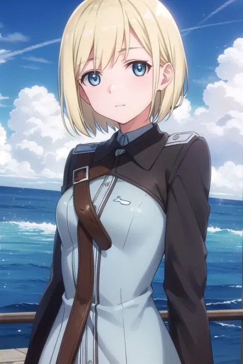 ericahartmann, <lora:erica hartmann anime-lora-nochekaiser:1>,
erica hartmann, short hair, blue eyes, blonde hair, bob cut,
BREAK uniform, military, military uniform,
BREAK outdoors, ship, ocean, sun, sky, clouds,
BREAK looking at viewer, (cowboy shot:1.5),
BREAK <lyco:GoodHands-beta2:1>, (masterpiece:1.2), best quality, high resolution, unity 8k wallpaper, (illustration:0.8), (beautiful detailed eyes:1.6), extremely detailed face, perfect lighting, extremely detailed CG, (perfect hands, perfect anatomy),