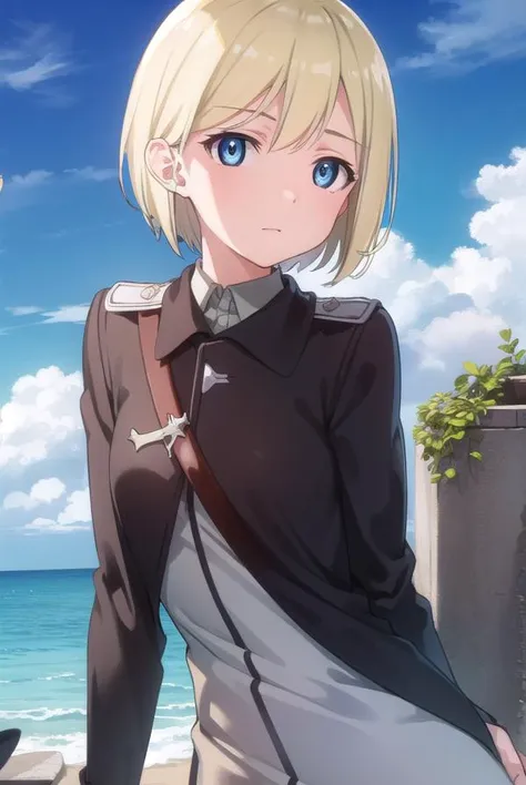ericahartmann, <lora:erica hartmann anime-lora-nochekaiser:1>,
erica hartmann, short hair, blue eyes, blonde hair, bob cut,
BREAK uniform, military, military uniform,
BREAK outdoors, ship, ocean, sun, sky, clouds,
BREAK looking at viewer, (cowboy shot:1.5),
BREAK <lyco:GoodHands-beta2:1>, (masterpiece:1.2), best quality, high resolution, unity 8k wallpaper, (illustration:0.8), (beautiful detailed eyes:1.6), extremely detailed face, perfect lighting, extremely detailed CG, (perfect hands, perfect anatomy),