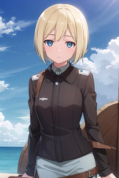 ericahartmann, <lora:erica hartmann anime-lora-nochekaiser:1>,
erica hartmann, short hair, blue eyes, blonde hair, bob cut,
BREAK uniform, military, military uniform,
BREAK outdoors, ship, ocean, sun, sky, clouds,
BREAK looking at viewer, (cowboy shot:1.5),
BREAK <lyco:GoodHands-beta2:1>, (masterpiece:1.2), best quality, high resolution, unity 8k wallpaper, (illustration:0.8), (beautiful detailed eyes:1.6), extremely detailed face, perfect lighting, extremely detailed CG, (perfect hands, perfect anatomy),