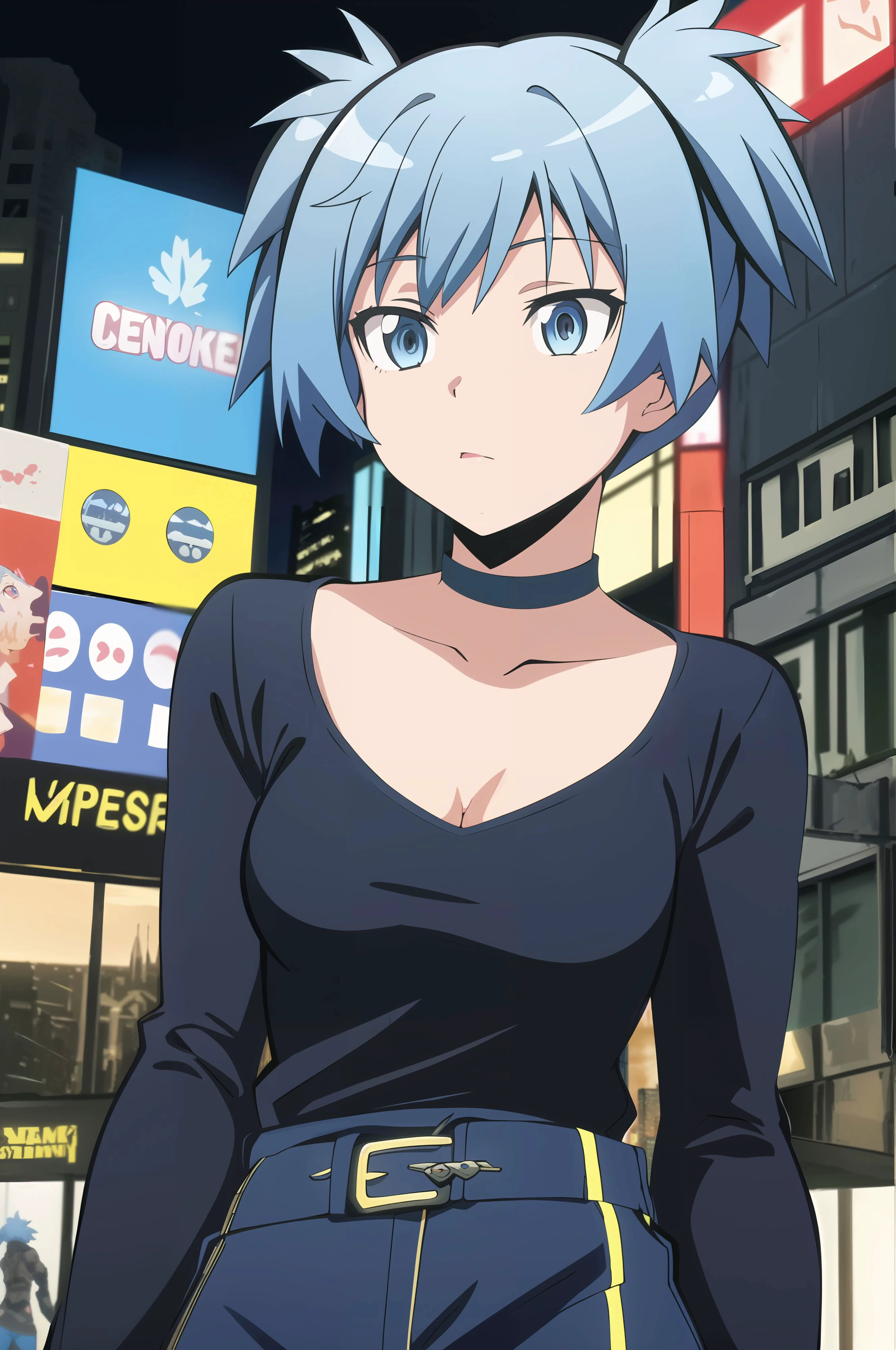 (masterpiece,best quality,highres:1.1),shiota_nagisa,blue hair,blue eyes,short twintails,1girl,medium breasts,<lora:shiota_nagisa:0.7>,alternate costume,chocker,(punk:1.1),<lora:punk_v0.2>,(punk clothes:1.1),cowboy shot,close-up,upper body,cyberpunk,city,skyscraper,skyline,night sky,neon lights,no humans,background,