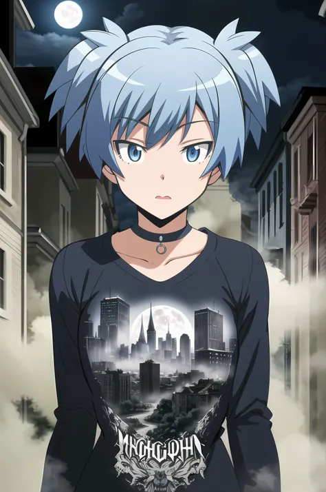 (masterpiece,best quality,highres:1.1),shiota_nagisa,blue hair,blue eyes,short twintails,1girl,medium breasts,<lora:shiota_nagisa:0.7>,alternate costume,chocker,(punk:1.3),<lora:punk_v0.2>,(punk clothes:1.3),cowboy shot,close-up,upper body,cityscape,gothic architecture,fog,night,dark tones,moonlight,mysterious atmosphere,gotham,