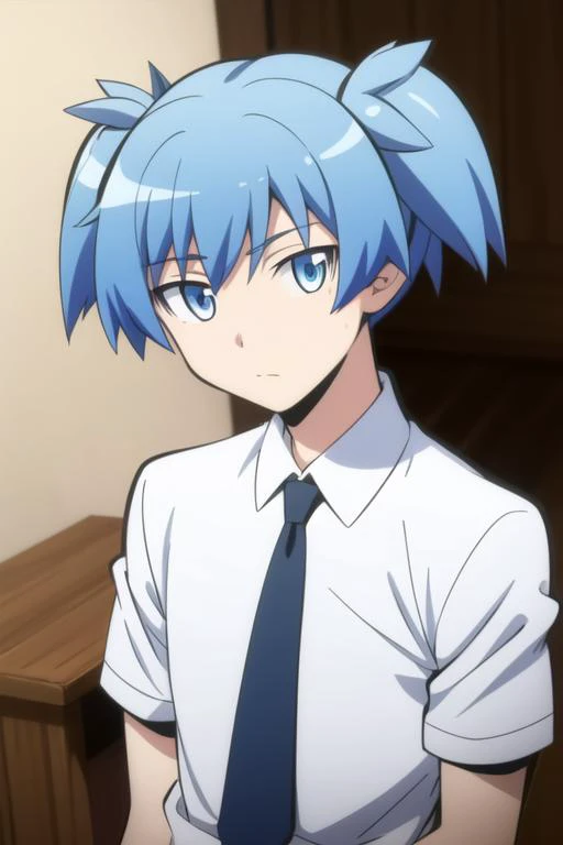masterpiece, best quality, high quality, 1boy, solo, male focus, looking at viewer, upper body, <lora:shiota_nagisa:0.72>, shiota_nagisa, blue hair, blue eyes, short twintails,