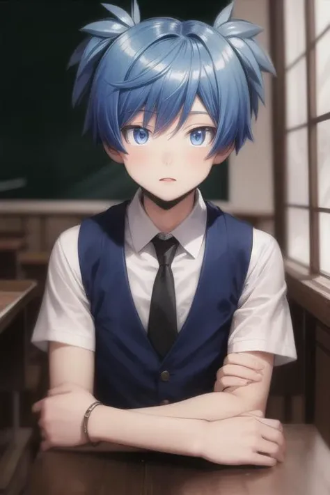 masterpiece, best quality, high quality, 1boy, solo, male focus, looking at viewer, upper body, <lora:shiota_nagisa:0.84>, shiota_nagisa, blue hair, blue eyes, short twintails, school uniform, shirt, necktie, vest