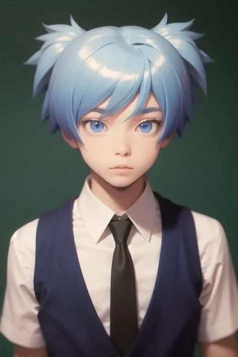 masterpiece, best quality, high quality, 1boy, solo, male focus, looking at viewer, upper body, <lora:shiota_nagisa:0.72>, shiota_nagisa, blue hair, blue eyes, short twintails, school uniform, shirt, necktie, vest