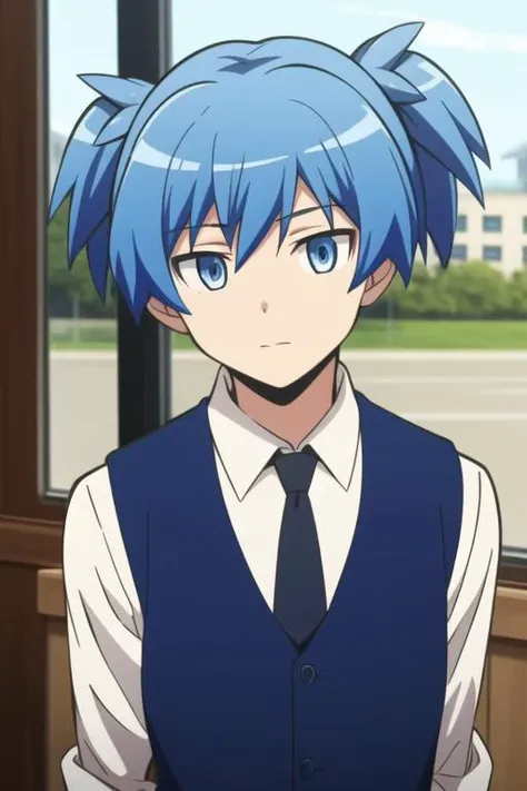 masterpiece, best quality, high quality, 1boy, solo, male focus, looking at viewer, upper body, <lora:shiota_nagisa:0.70>, shiota_nagisa, blue hair, blue eyes, school uniform, shirt, necktie, vest, short twintails