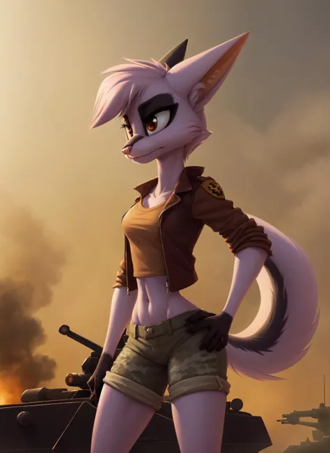 viriathus, furry female anthro, fox girl, standing, portrait, tranquil, solo, tank top, (brown jacket:1.1), shorts, (body fur:1.2), (best quality), (war zone background:1.2), small breasts, dramatic lighting, (detailed fluffy fur:1.1), looking at viewer, long tail, midriff, <lora:viriathus-v1-locon:1>