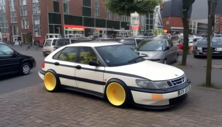 een (gilbert groene:1.3) saab met FEBO velgen en een van der pekbuurt spoiler, echt een foto met een prijs, zeer realistich, echt heel mooi, zoveel zon