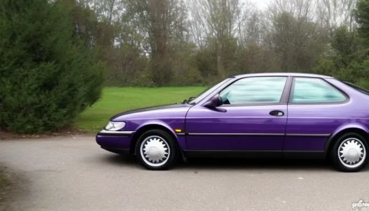purple saab on a highway
