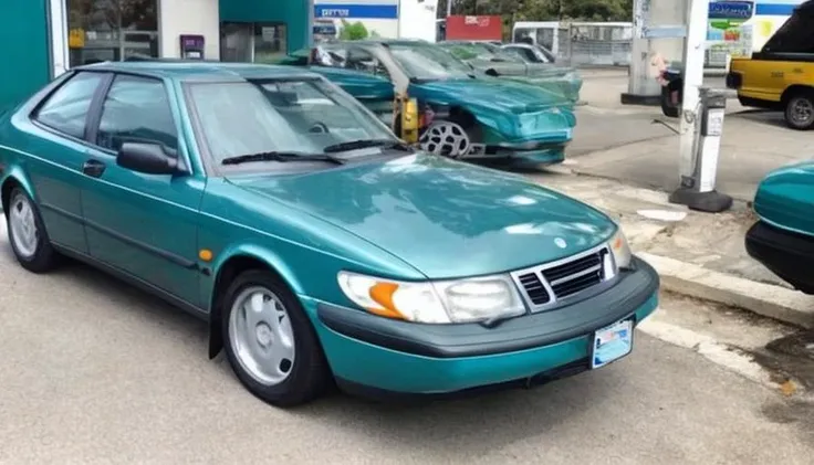 teal saab at a gas station