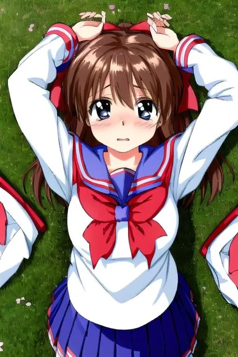 masterpiece, best quality,ultra detail, <lora:anmnr01:0.3> <lora:add_detail:0.5>,<lora:GoodHands-vanilla:0.8>,1girl,yoshinaga,outdoor,shy,blush,strong wind,red large bow,brown hair,summer sailor uniform,join hands,middle breasts,on ship deck, navy skirt,<lora:kirika_Another:0.9>,from above