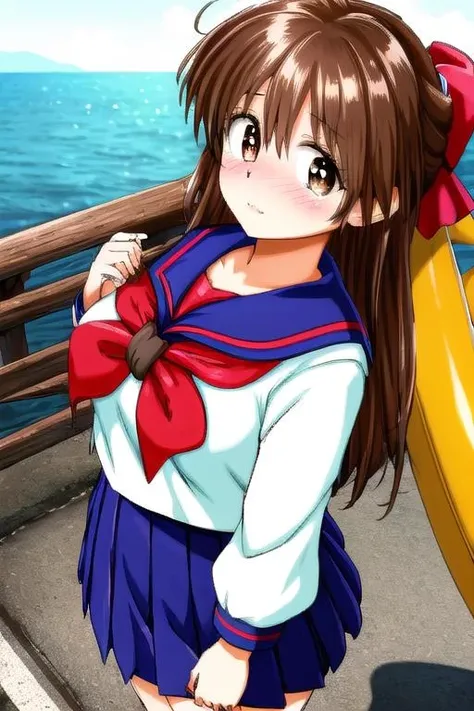 Anime girl with long hair and a red bow standing on a pier - SeaArt AI
