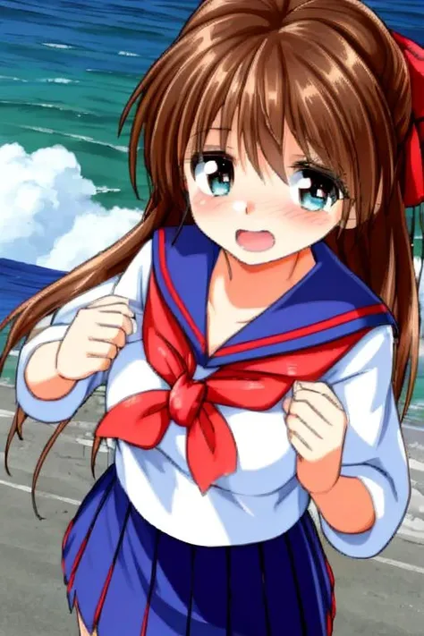 masterpiece, best quality,ultra detail, <lora:anmnr01:0.3> <lora:add_detail:0.5>,<lora:GoodHands-vanilla:0.8>,1girl,yoshinaga,outdoor,strong wind,red large bow,brown hair,summer sailor uniform,join hands,middle breasts,on ship deck, navy skirt,<lora:kirika_Another:0.9>,from above
