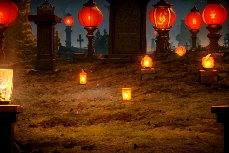 masterpiece, ultra-detailed, best quality, illustration, 8k cg wallpaper, an extremely delicate and beautiful, stunning landscape, graveyard, gravestones, dirt path, lanterns, candles, intricately detailed items in background, <lora:Unravel:1>