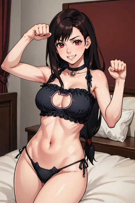 masterpiece, best quality,  <lora:attire_catlingerie-10:1> catlingerie, choker, neck bell <lora:tifa-nvwls-v2:0.8> defTifa, red eyes, low-tied long hair, large breasts, cowboy shot, fist, bedroom, grin, looking at viewer, paw pose