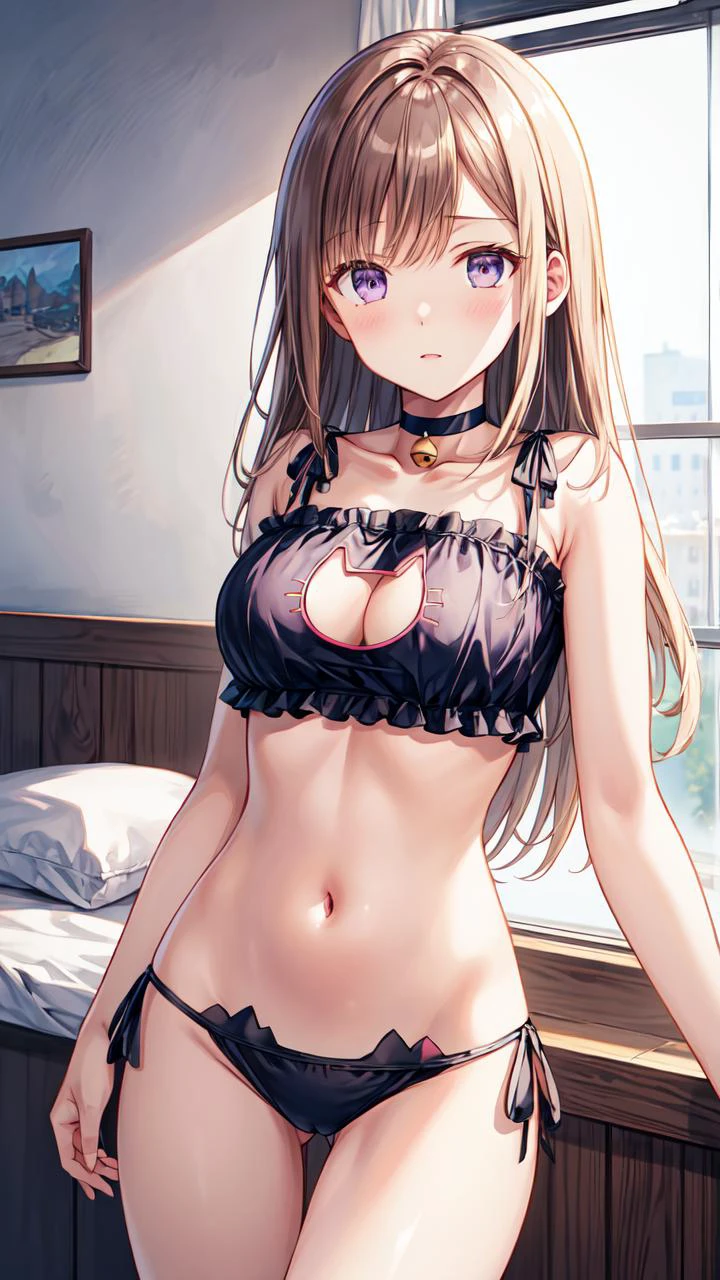 masterpiece,best quality,highres,illustration,hyper detailed,8k cg wallpaper,ray tracing,((brown hair:1.2)),((long hair:1.2)),((purple eyes:1.1)),((straight hair:1.2)),medium breasts,(hiten1:0.8),<lora:add_detail:1>,((catlingerie:1.2)),choker,neck bell,cleavage,<lora:attire_catlingerie-10:1>,cleavage,bedroom,stomach,navel,cowboy shot,