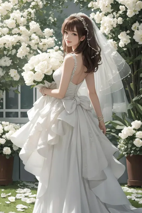 masterpiece,best quality,perfect face,intricate,beautiful scenery,ultra realistic 8k CG,perfect artwork,1girl,doaxvv kasumi,medium breasts,(red brown hair:1.2),beautifuleyes,beautiful legs,narrow waist,toned body,realistic,solo,outdoor,Flower garden on the church grounds,extremely detailed background,looking_back,happy smile,:D,doakasumi,<lora:doakasumi-nvwls-v1:0.7>,full body,veil,floral dress,bridal dress,flower,white flower,bouquet,<lora:floral dress:1>,