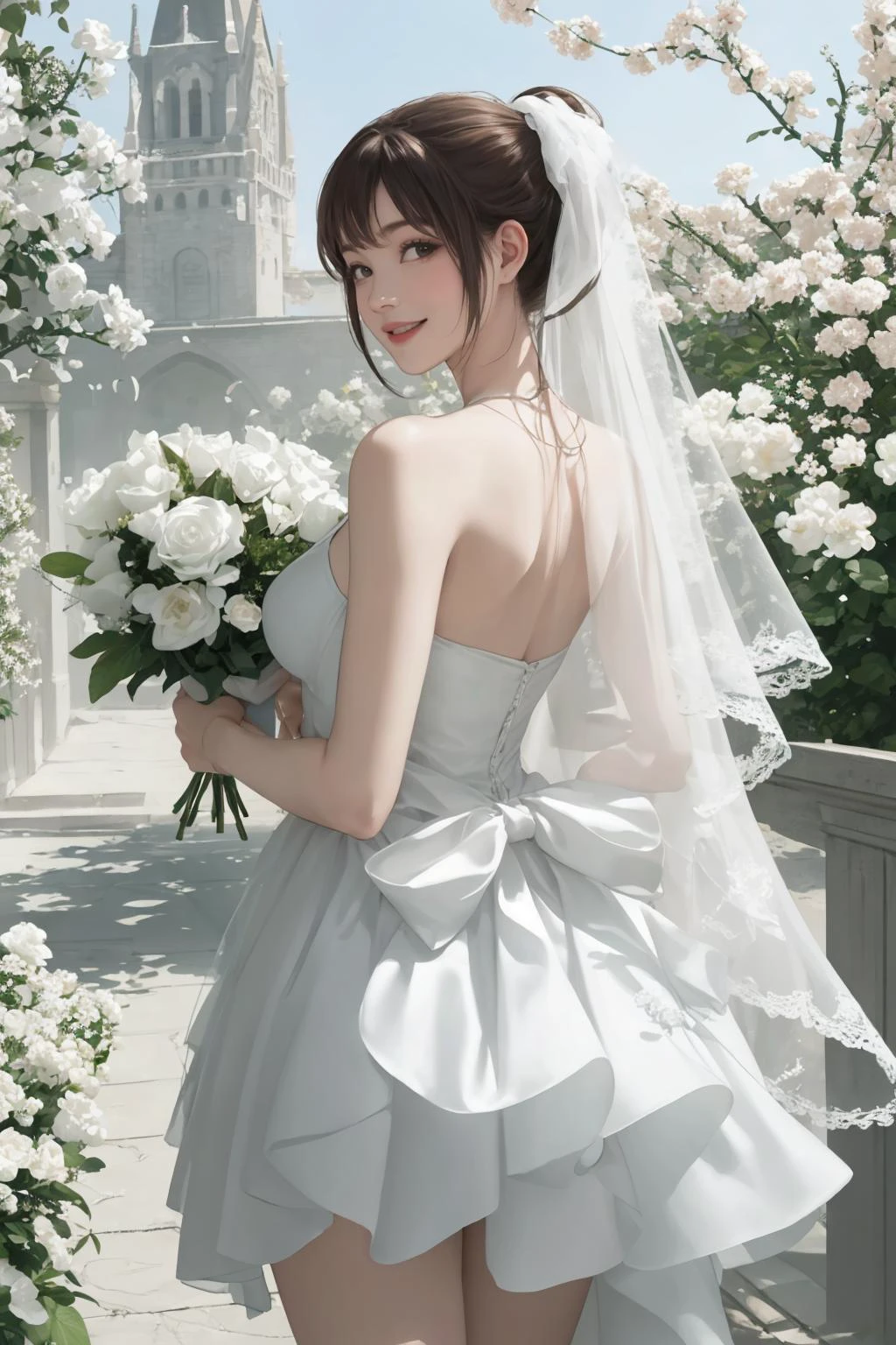 masterpiece,best quality,perfect face,intricate,beautiful scenery,ultra realistic 8k CG,perfect artwork,1girl,doaxvv kasumi,medium breasts,(red brown hair:1.2),beautifuleyes,ponytail,beautiful legs,narrow waist,toned body,realistic,solo,outdoor,Flower garden on the church grounds,extremely detailed background,looking_back,(happy smile,:D),doakasumi,<lora:doakasumi-nvwls-v1:0.7>,flower shower,veil,floral dress,flower,white flower,bouquet,<lora:floral dress:1>,