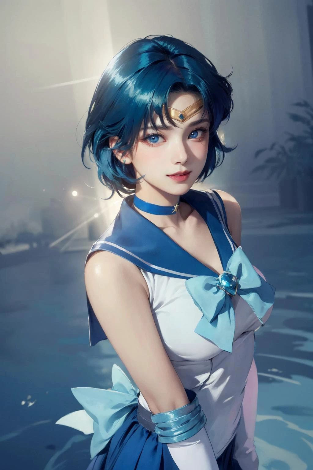 realistic, photorealistic, best quality, masterpiece, ultra high res, finely detailed, quality, realistic lighting, detailed skin, intricate details, raw photo, absurdres, highres, ultra detailed, BREAK, 1girl, solo, looking at viewer, 18 years old, hand of Guido Daniele, (mer1, (tiara:1.3), sailor senshi uniform, blue sailor collar, bow, knee boots, choker, (white gloves:1.3), blue choker, (elbow gloves:1.3), jewelry, earrings, blue skirt, (blue hair:1.3), short hair, blue eyes, sparkle, sharp focus, minor wide view, minor scenery view, (blue fantasy glow:1.2), blue sky, night blue sky, dark blue moon, blue trees, blue vegetation, blue eclipse, lavender blue flowers, white blue theme, standing on the surface of the sea, outdoors, open ocean, afloat, on beautiful detailed water, sea level, neon lights, high lights, neon color, dark and light, stars, shooting star, light ray, floating, hand on own chest, high contrast colours, vibrant colors, smug expression, grin, cowboy shot, Dynamic Pose, Dynamic Angle, colorful, long eyelashes, complex background, full-face blush, parted lips, solo focus, blush), (beautifu and aesthetic face, detailed face, clean facial features, an extremely delicate and beautiful, beautiful detailed eyes, stars in the eyes, Pink lips, Glowing Eyes, perfect face, detailed pupils, Makeup:1.1), (nice hands, sexy, slim, large breasts, skinny, narrow waist, human anatomy:1.1), (detailed light, beautiful detailed glow, detailed background:1.1), (reflection, refraction, Rembrandt lighting, diffuse lighting, radiosity, photon mapping, subsurface scattering, dynamic lighting, Multi-exposure HDR capture, Screen Space Global Illumination, Ray Tracing, Lumen Reflections, Tone Mapping, volumetric lighting, Circular polarizer, broad lighting, dramatic lighting:1.1), BREAK, explosive light and shadow, sharp focus, film grain, rim lighting, two tone lighting, rim light, Overdetailed art, official art, beautiful and aesthetic, beautiful, elegant, vivid colours, warm tone, soft light, delicate, Ultrarealistic, Detailed illustration, extremely detailed CG Unity 8k wallpaper, PBR Texturing, huge filesize, 8k uhd, octane render, unreal engine 5, BREAK, <lora:GoodHands-beta2:1>, <lora:mercury_v2:1>