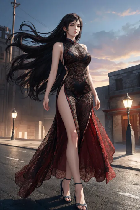 (Masterpiece、Ultra-high resolution、Detailed expression、Beautiful depiction、8k、Highest quality、Artwork:1.2)、(Giant:1.3)、Beauty、whole body、Beautifully detailed face、Over the city、A towering presence、Black Hair、skyscraper