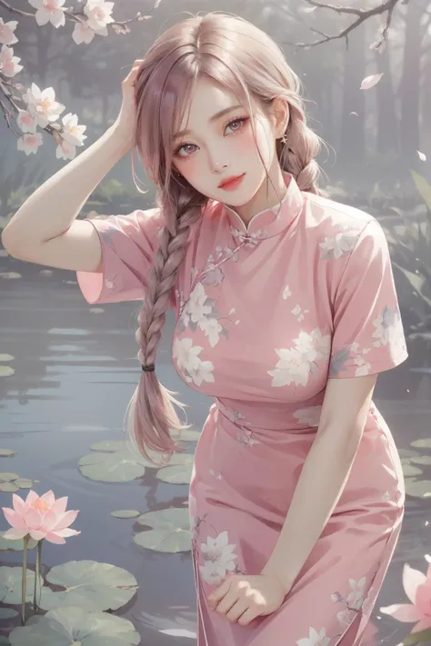 realistic, photorealistic, best quality, masterpiece, ultra high res, finely detailed, quality, realistic lighting, detailed skin, intricate details, raw photo, absurdres, highres, ultra detailed, BREAK, 1girl, solo, looking at viewer, 18 years old, hand of Guido Daniele, (pink long china dress, floral print, birds print, pink hair, long hair, twin braids, colorful, flying petal, jewelry, earrings, bracelet, pink eyes, long eyelashes, cherry blossoms, sun flare, complex background, full-face blush, smile, happy, parted lips, from above, viewing from above, hand on head, picnic basket, in field of flowers, classic chinese pavilion in background, lake, lotus flowers in lake, outdoors, garden, thighs, leaning forward, solo focus, blush), (beautifu and aesthetic face, detailed face, clean facial features, an extremely delicate and beautiful, beautiful detailed eyes, stars in the eyes, Pink lips, Glowing Eyes, perfect face, detailed pupils, Makeup:1.1), (nice hands, sexy, slim, large breasts, skinny, narrow waist, human anatomy:1.1), (detailed light, beautiful detailed glow, detailed background:1.1), (reflection, refraction, Rembrandt lighting, diffuse lighting, radiosity, photon mapping, subsurface scattering, dynamic lighting, Multi-exposure HDR capture, Screen Space Global Illumination, Ray Tracing, Lumen Reflections, Tone Mapping, volumetric lighting, Circular polarizer, broad lighting, dramatic lighting:1.1), BREAK, explosive light and shadow, sharp focus, film grain, rim lighting, two tone lighting, rim light, Overdetailed art, official art, beautiful and aesthetic, beautiful, elegant, vivid colours, warm tone, soft light, delicate, Ultrarealistic, Detailed illustration, extremely detailed CG Unity 8k wallpaper, PBR Texturing, huge filesize, 8k uhd, octane render, unreal engine 5, BREAK, <lora:GoodHands-beta2:1>,  <lora:ChinaDressStyle1_Remake:0.8>