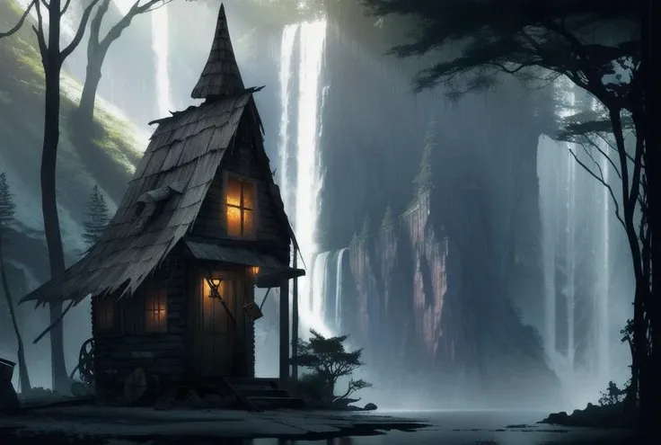 Illustration, Fantasy (Shack:1.3), close up, decaying, Dramatic, Dark, Lonely, Ray Tracing Reflections, high contrast, waterfall in background