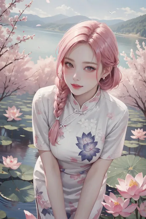 realistic, photorealistic, best quality, masterpiece, ultra high res, finely detailed, quality, realistic lighting, detailed skin, intricate details, raw photo, absurdres, highres, ultra detailed, BREAK, 1girl, solo, looking at viewer, 18 years old, hand of Guido Daniele, (pink long china dress, floral print, birds print, pink hair, long hair, twin braids, colorful, flying petal, jewelry, earrings, bracelet, pink eyes, long eyelashes, cherry blossoms, sun flare, complex background, full-face blush, smile, happy, parted lips, from above, viewing from above, hand on head, picnic basket, in field of flowers, classic chinese pavilion in background, lake, lotus flowers in lake, outdoors, garden, thighs, leaning forward, solo focus, blush), (beautifu and aesthetic face, detailed face, clean facial features, an extremely delicate and beautiful, beautiful detailed eyes, stars in the eyes, Pink lips, Glowing Eyes, perfect face, detailed pupils, Makeup:1.1), (nice hands, sexy, slim, large breasts, skinny, narrow waist, human anatomy:1.1), (detailed light, beautiful detailed glow, detailed background:1.1), (reflection, refraction, Rembrandt lighting, diffuse lighting, radiosity, photon mapping, subsurface scattering, dynamic lighting, Multi-exposure HDR capture, Screen Space Global Illumination, Ray Tracing, Lumen Reflections, Tone Mapping, volumetric lighting, Circular polarizer, broad lighting, dramatic lighting:1.1), BREAK, explosive light and shadow, sharp focus, film grain, rim lighting, two tone lighting, rim light, Overdetailed art, official art, beautiful and aesthetic, beautiful, elegant, vivid colours, warm tone, soft light, delicate, Ultrarealistic, Detailed illustration, extremely detailed CG Unity 8k wallpaper, PBR Texturing, huge filesize, 8k uhd, octane render, unreal engine 5, BREAK, <lora:GoodHands-beta2:1>, <lora:ChinaDressStyle1_Remake:0.8>