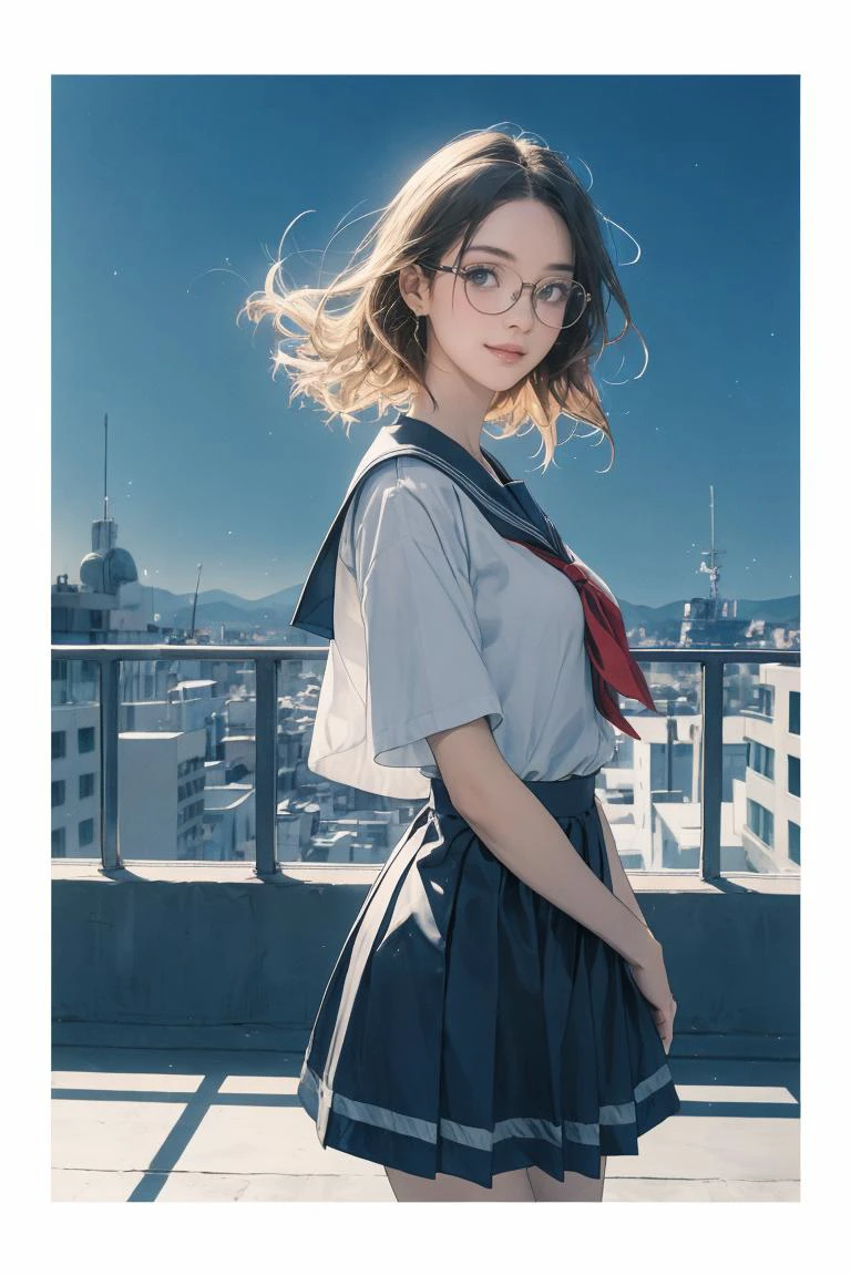 post-Impressionist (1girl, young beauty, black schoolgirl sailor outfit, skirt), (blonde hair), lean on rail poses, big smile, half body shot, sharp focus, beautiful schoolgirl, soft lighting, soft smile, wear one glasses, ((noon)), bokeh, school rooftop, beautiful face, 24mm lens, fuji provia <lora:school_rooftop_v0.1:0.8> school rooftop < <lora:cool girl_20230913102000:0.5> cool girl <lora:HBD4:0.25> heibaidiao, silhouette, light and shadow, <lora:clear light_v1:0.25> <lora:EF-Painted_poster_V1:0.75> Painted poster <lora:EF-JPfilmColor_Heavy_grain:0.25> film overlay, film grain, image border<lora:EF-GoodHands-beta2:0.5><lora:EF-GoodHands-beta2:0.5>