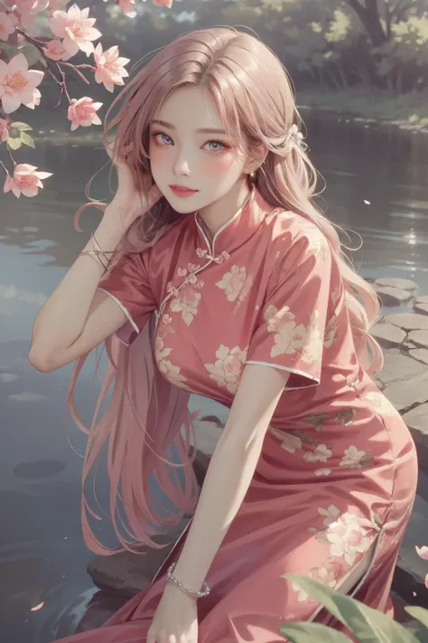 realistic, photorealistic, best quality, masterpiece, ultra high res, finely detailed, quality, realistic lighting, detailed skin, intricate details, raw photo, absurdres, highres, ultra detailed, BREAK, 1girl, solo, looking at viewer, 18 years old, hand of Guido Daniele, (pink long china dress, floral print, birds print, pink hair, long hair, twin braids, colorful, flying petal, jewelry, earrings, bracelet, pink eyes, long eyelashes, cherry blossoms, sun flare, complex background, full-face blush, smile, happy, parted lips, from above, viewing from above, hand on head, picnic basket, in field of flowers, classic chinese pavilion in background, lake, lotus flowers in lake, outdoors, garden, thighs, leaning forward, solo focus, blush), (beautifu and aesthetic face, detailed face, clean facial features, an extremely delicate and beautiful, beautiful detailed eyes, stars in the eyes, Pink lips, Glowing Eyes, perfect face, detailed pupils, Makeup:1.1), (nice hands, sexy, slim, large breasts, skinny, narrow waist, human anatomy:1.1), (detailed light, beautiful detailed glow, detailed background:1.1), (reflection, refraction, Rembrandt lighting, diffuse lighting, radiosity, photon mapping, subsurface scattering, dynamic lighting, Multi-exposure HDR capture, Screen Space Global Illumination, Ray Tracing, Lumen Reflections, Tone Mapping, volumetric lighting, Circular polarizer, broad lighting, dramatic lighting:1.1), BREAK, explosive light and shadow, sharp focus, film grain, rim lighting, two tone lighting, rim light, Overdetailed art, official art, beautiful and aesthetic, beautiful, elegant, vivid colours, warm tone, soft light, delicate, Ultrarealistic, Detailed illustration, extremely detailed CG Unity 8k wallpaper, PBR Texturing, huge filesize, 8k uhd, octane render, unreal engine 5, BREAK, <lora:GoodHands-beta2:1>, <lora:ChinaDressStyle1_Remake:0.8>