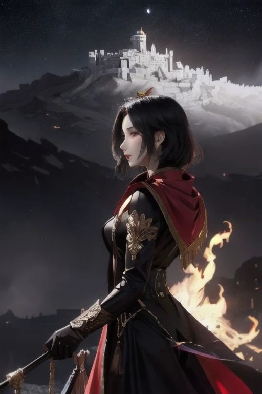 masterpiece, best quality, beautiful, 1girl, side view, syanna, red capelet, black suit, long sleeves, gloves short hair, black hair, beauty mark, castle, fire, burning village, night, lunar eclipse, starry sky, looking at viewer, alluring, Degen-Syanna:0.9