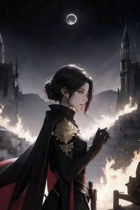 masterpiece, best quality, beautiful, 1girl, side view, syanna, red capelet, black suit, long sleeves, gloves short hair, black hair, beauty mark, castle, fire, burning village, night, lunar eclipse, starry sky, looking at viewer, alluring, Degen-Syanna:0.9