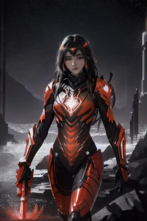 Superior quality, tmasterpiece, A high resolution, ((Photorealist: 1.4), photo RAW, - , red glow water, rock, black and glow, red+gamma glow crystals, - 1GIRL, WOMAN, goddess warrior, hard, detroit futuristic suit, cybersuit, glow suit, glow eyes, beautiful woman, red gliiter lip, yellow crystals