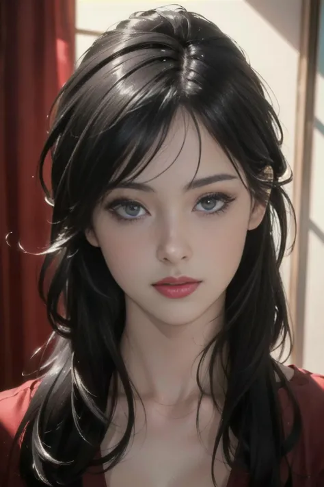 (masterpiece, best quality:1.4),(photorealistic:1.4)(realistic, photo-realistic:1.4),8k UHD,ultra high res,RAW,HDR,1girl,black eyes,black eyes,looking at viewer, thin lips,Bright red lipstick,