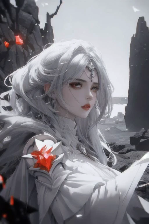 black rock land with many glow red:1.2 crystals and many bright yellow crystals, blackist rock land, (one huge illusion tree made of white bright lights), (1girl:1.3, beautiful woman, white glow armor, ), black land, face focus