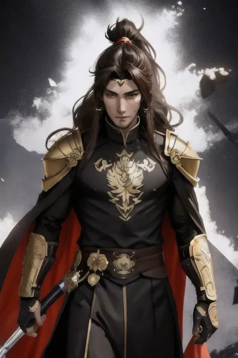 male, comics, brown eyes, cape, man, clothing, zhaoyunlonghair, brown hair, shoulders armour, male focus, face, anime, adult, armor, , headband, ponytail, person