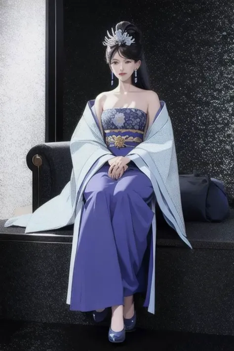 masterpiece, best quality, high quality, <lora:lihua-10:0.8>long hair, blue hair, hair ornament, hair bun, Earrings,Earrings,Mature Women