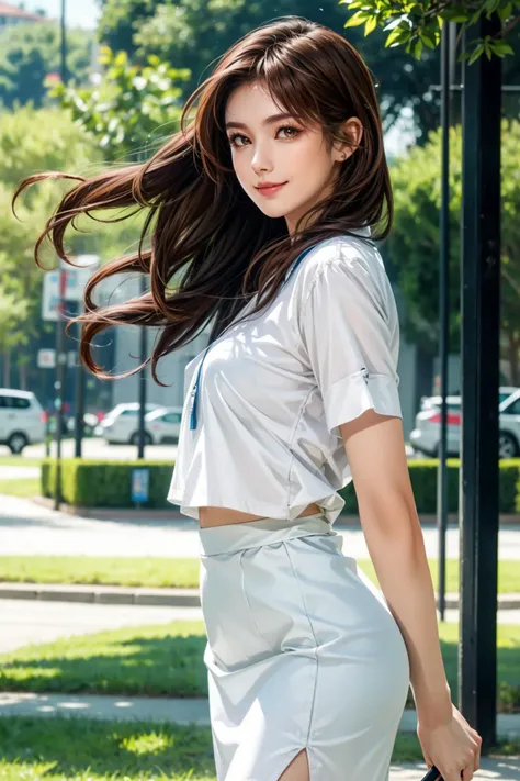 best quality, perfect face, intricate, beautiful scenery, ultra realistic 8k CG,perfect artwork, 1girl, kasumi, solo, 20 y.o, medium breasts, beautiful skin, beautiful legs, beautiful face, beautiful body, red brown hair, long hair, (hair flowing in the wind:1.2), office lady, white blouse, bare arms, black pencil skirt, outdoor, park, grass, depth of field, looking at viewer, smile, behind back, model shot  <lora:doa_kasumi-v2:0.5>,  <lora:flat:-0.5>