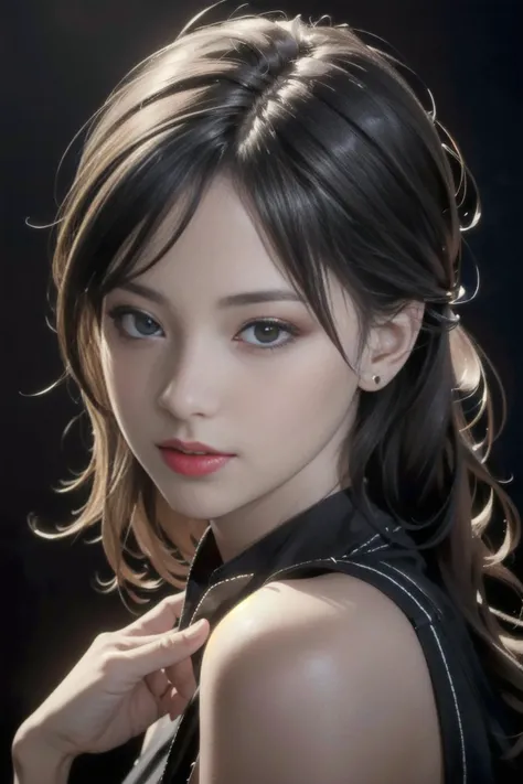 (masterpiece, best quality:1.4),(photorealistic:1.4)(realistic, photo-realistic:1.4),8k UHD,ultra high res,RAW,HDR,1girl,black eyes,black eyes,looking at viewer, thin lips,Bright red lipstick,